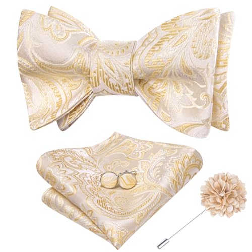 Image of Dubulle Self Tie Bow Ties and Lapel Pin for Men Paisley Solid Mens Bowtie and Handkerchief Cufflinks Set Wedding