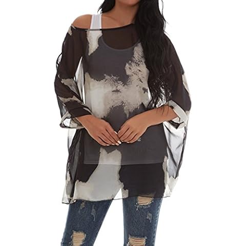 Rokou Women Bohemian Chiffon Blouse Batwing Sleeve Floral Beach Cover Tunic Tops (Multi-Black) Cover