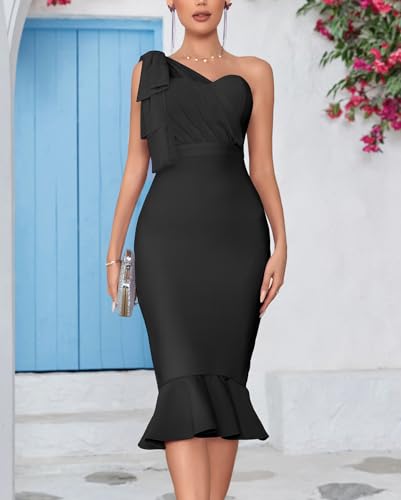 Image of houstil Women's One Shoulder Fishtail Wedding Guest Bandage Dress Mesh Midi Graduation Bodycon Party Club Dresses