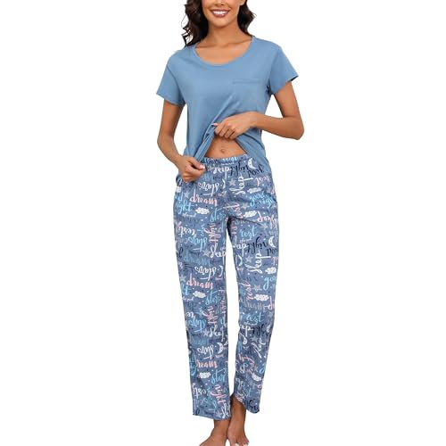 PNAEONG Womens Pajama Sets Cotton Lounge Sets for Women Short Sleeve Top With Pants 2 Piece pj sets With Pocket