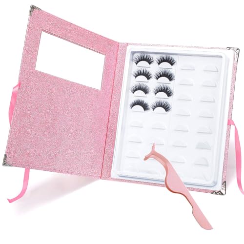 YiQiYi False Eyelash Storage Book Protable 16 Pari Eyelashes Organizer Holder Case Lash Contanier Box Glitter Cover Lash Container Empty Case with Eyelash Tweezer Pink