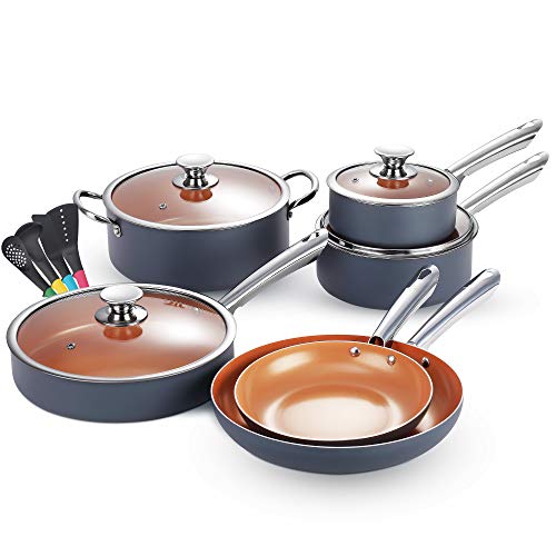 KUTIME Cookware Set 14pcs Non-Sick Pots and Pans Set Ceramic Coating Frying Pan Grill Pan Sauce Pan Stockpot with Lids Gas Induction Compatible Oven Safe
