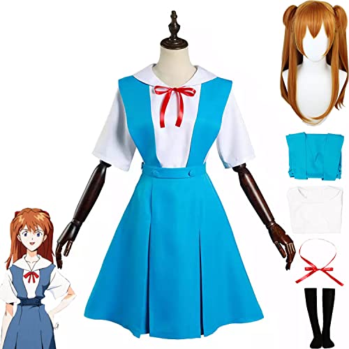 Anime Evangelion Asuka Ayanami Rei Cosplay Costume Tenues Bleu Uniforme Scolaire Robe Ensemble Complet Halloween Fête Carnaval Dress Up Costume avec Perruque pour Femmes Filles (M)