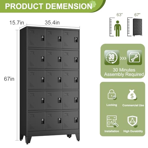 Image of Metal Lockers for Employees, 15 Doors Black Steel Storage Locker Cabinet | Heavy Duty Employee Lockers with Name Card Holders & Ventilation Holes for Office School Gym Garage, Easy Assembly