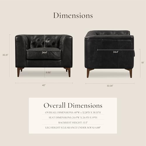 Image of POLY & BARK Essex 40 inch Lounge Chairs Set of 2 - Onyx Black Semi-Aniline Italian Leather, Tufted Back & Arms, Feather-Down Cushioning, Walnut Wood Legs
