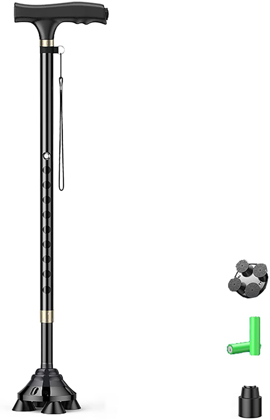 Quad Cane, wielofunkcyjne kule teleskopowe do wspinaczki górskiej dla mężczyzn i kobiet, ergonomiczny, antypoślizgowy uchwyt w kształcie litery T ze światłem LED, regulowana wysokość Mobilne n