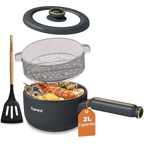 TOPWIT Hot Pot Electric with Steamer, 2L Multifunctional Electric Pot, Non-Stick Sauté Pan, Portable Pot for Steak, Fried Rice, Ramen, Soup with Dual Power Control (Silicone Spatula Included), Grey