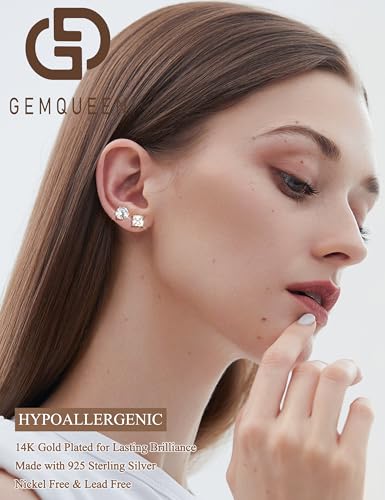 2 Pairs "STUNNING FLAME" 925 Sterling Silver 14K Real Gold Plated Stud Earrings for Women Men 5A Brilliant Princess Cut Round Cubic Zirconia - Hypoallergenic Large CZ Studs Earring Set 8 CTW (2ct*4)3