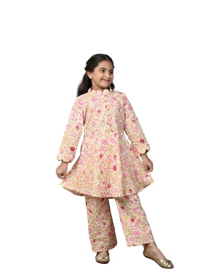 WHOOSH FASHIONGirls Cotton Printed Peplum Kurta with Pants Kids Ethnic Wear Casual Dress Stylish Kurta Set Comfortable Cotton Outfit for Girls