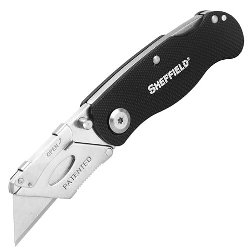 Image of Sheffield Folding Utility Knife, Accepts Standard Utility Knife Blades, Box Cutter Aluminum Handle, Razor Blades Included, For Home, Office, Trades, and Warehouse