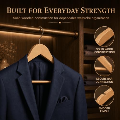 Image of Ash & Roh - Wooden Suit Hangers - Smooth Finish Solid Wood Coat Hanger with Non Slip Pants Bar, 360 Swivel Hook and Precisely Cut Notches Camisole, Jacket, Clothes Hangers (Wooden Hanger, 110)