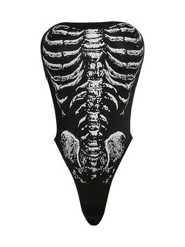 Floerns Womens Gothic Strapless Tube Top Bodysuit Skeleton Rave Outfit Body Suit Leotard Black Medium