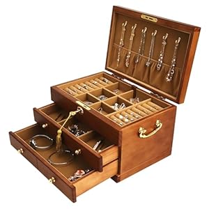 Wooden Jewelry Box with Lock and Key for Women, 2 Drawers Medium Size Real Natural Wood Lockable Antique Girls Organizer Boxes with Large Storage, Ring Compartments, Built in Necklace Hooks