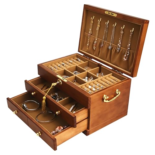 EURIELK Wooden Jewelry Box with Lock and Key for Women, 2 Drawers Medium Size Real Natural Wood Lockable Antique Organizer with Large Storage, Ring Compartments, Built in Necklace Hooks