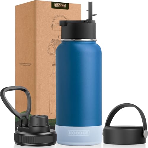 Image of koodee Sports Water Bottle with 3 Lids- 32 oz Stainless Steel Double Wall Vacuum Insulated Metal Water Bottle for Men-Reusable Travel Water Flask BPA Free(Navy)