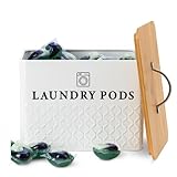 Laundry Pod Container With Bamboo Lid – Metal Laundry Pod Holder - Laundry Pod Storage Tin Holds 120 Pods - Detergent Dispenser - Modern Farmhouse Laundry Room Organization Decor - White