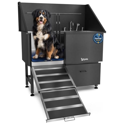 KANIS Professional Dog Washing Station 304 Stainless Steel Pet Wash Sink & Grooming Bathtub w/Shower, Floor Grates and Storage for Large, Medium & Small Pets (Black, 50 Inches, Left Ramp, 1 Drawer)