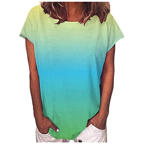 Blusa feminina de gola canoa com gola redonda e manga curta de algodão e manga curta, Verde limão e