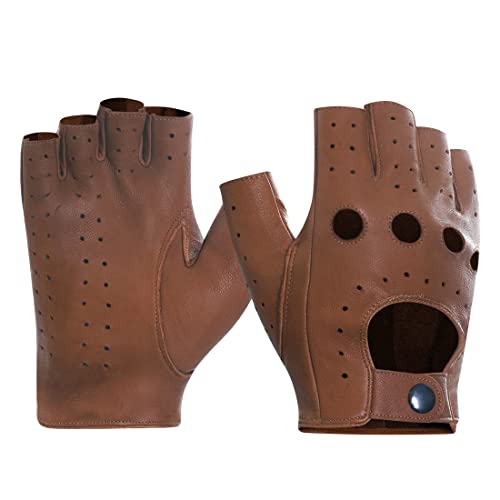 Harssidanzar Mens Fingerless Half Finger Leather Driving Gloves Lambskin Unlined Upgrade GM032US,Saddle, Size M