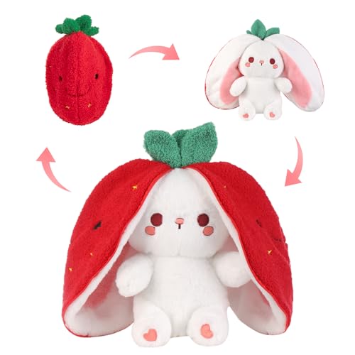Emoin Easter Reversible Bunny Stuffed Animal, 10-Inch Cute Strawberry-to-Bunny Transformed Plush Toy with Zipper, Soft Strawberry Bunny Plush for Kids Adults Birthday Gifts