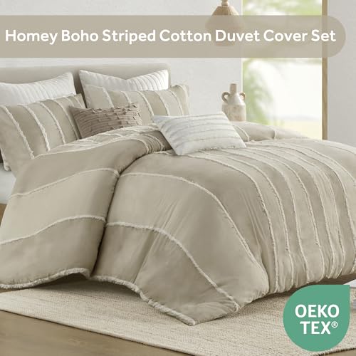 Image of Ink+Ivy King Duvet Cover Set Boho Duvet Covers Stripes, Clipped Jacquard, Cotton Duvet Cover for King Size Bed, All Season Lightweight King Bedding Cover & Shams, Shay, King /Cal King, Taupe 3 Piece