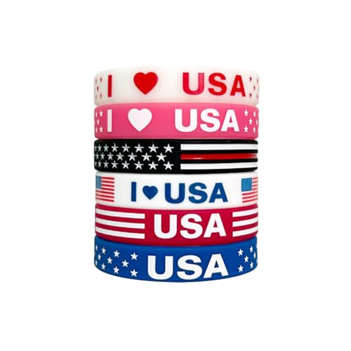 POYAMUSE Independence Day Rubber Bracelets for 4th of July, American Flag Patriotic Silicone Wristband Bracelets for Women and Men - 6pcs 5color