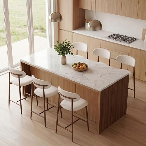 Image of AQO Counter Height Bar Stools Set of 6, Upholstered Counter Stools Modern Barstools with Metal Legs for Kitchen Island Dining Room, Walnut