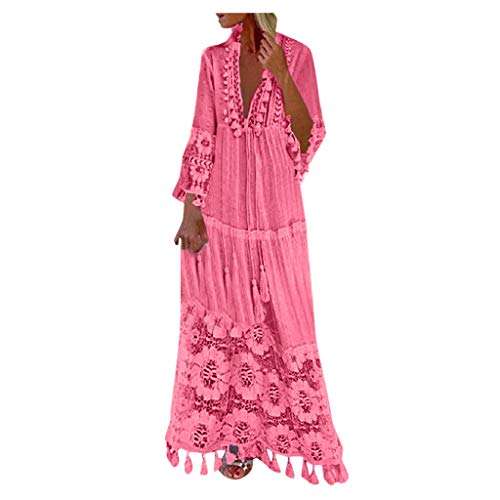 Bohemian Dress for Women V Neck Long Sleeve Tassel Plus Size Long Lace Dress Vacation Beach Ethnic Style Maxi Dresses Pink