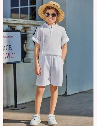 Image of Arshiner Boy's 2 Pieces Linen Sets Short Sleeve Henley Shirt and Shorts Summer Beach Matching Outfits 4-12 Years