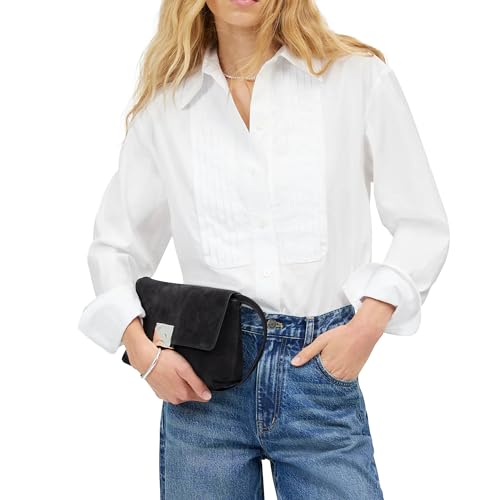 Womens White Tuxedo Button Down Shirt Pleated Bib Tops Long Sleeve Casual Blouse