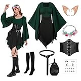 8PCS Women Elf Costume Renaissance Traditional Irish Dress Fairy Costume Halloween Medieval Dress mit Headpiece and Elf Ears (Green and Black, X-Small)
