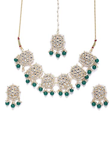 Image of ZAVERI PEARLS Gold Tone Kundan & Green Beads Wedding Collection Choker Necklace Earring & Maangtikka Set For Women-ZPFK10207