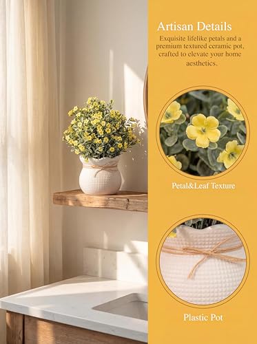Fuxdre 2 Pack Small Desk Plants, Artificial Bathroom Plants Decor with Flower in Vintage Plastic Pots, Faux Plants Indoor for Shelf Decor in Home Office, and Spring Decor (Yellow) — view 3