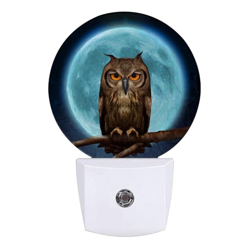 Image of Owl Moon Night Light LED Lamp Round Plug into Wall Nightlight with Dusk to Dawn Sensor Home Hallway Stairway Kitchen Decor