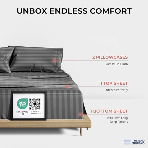 Image of THREAD SPREAD Egyptian Cotton Sheets King Size - 1200 Series Plush Collection Damask Sheet Set Egyptian Cotton (4 PC, Dark Grey Stripe), Luxury Sheet King Size, Soft, Cooling Deep Pocket Sheets