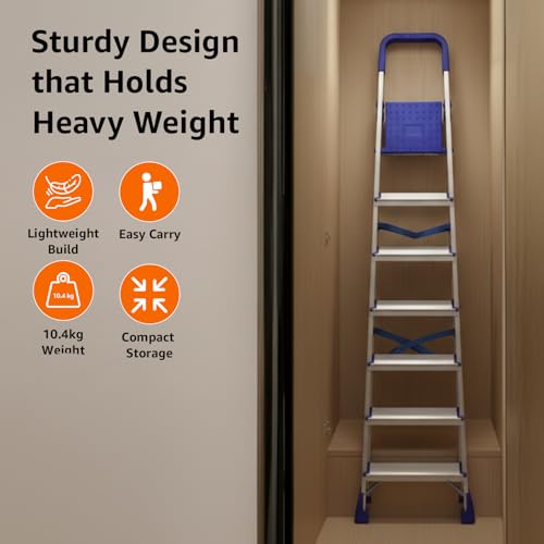 Image of Amazon Basics Clamber Pro - Foldable 7 Step Ladder, Firm Grip, 7 Steps (Aluminium Steps, Blue & Satin)