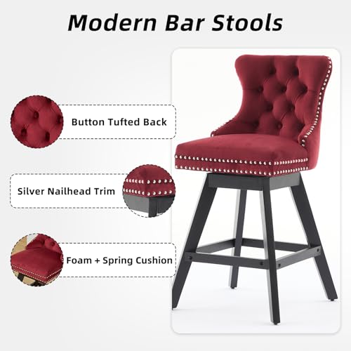 Butacos de terciopelo burdeos, giratorios, para isla de cocina | Altura del asiento: 26 pulgadas; respaldo acolchado; patas de madera maciza; remate con clavos decorativos; butacos modernos tapizados; fácil ensamblaje; juego de 2 miniatura 5