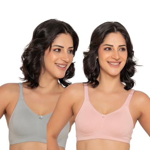 Image of INKURV Seamless Non-Padded Bra for Women | Non-Wired Cotton Full Coverage T-Shirt Bra | Thin Adjustable Straps | Double Layered Cups | Anti Sag Lift Up Support | Luna Combo of 2