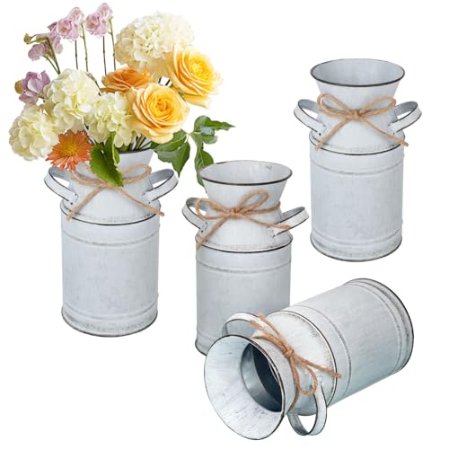 Biugaaufai 4 Pack Metal Flower Vase, Galvanized Metal Milk Can, French Rustic Milk Jug Planter, Farmhouse Decorative Flower Vase, Farmhouse Metal Vases for Home, Fireplace, Cabinet, Bathroom Decor