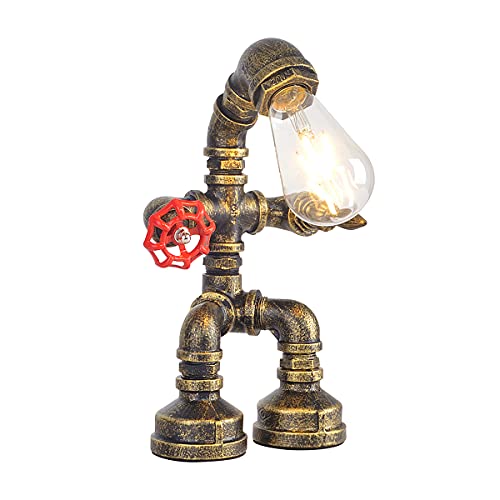 Kaj Hejmo Water Pipe Robot Style Lámpara de mesa - Lámpara de mesa vintage industrial Steampunk Lámpara de mesa de hierro retro para decoración de muebles vintage (bronce estilo A)