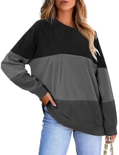 KISSMODA Women's Casual Long Sleeve Sweatshirt Color Block/Solid Crewneck Corduroy Pullover Cute Tops
