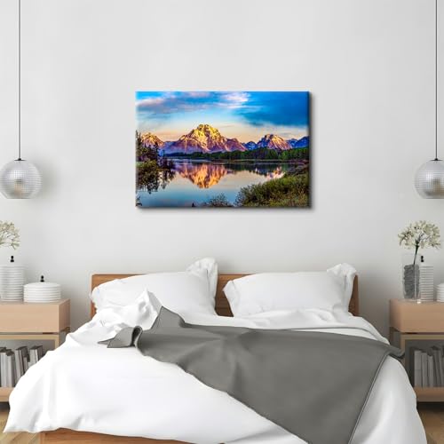 Image of Large Nature Pictures USA Oxbow Bend Landscape Wall Art Sunset Mountain Wall Decor National Park Painting Snake Lake Canvas Prints Modern Country Landscape Artwork for Living Room Decorations 32x48 inch
