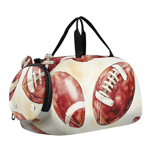 Gym Travel Duffle Bag for Boys Girls Football Soccer Red Brown Pattern Sports Dance Bag with Shoe Compartment & Wet Pocket Football Kids Travel Bag Teens Sleepover Carry