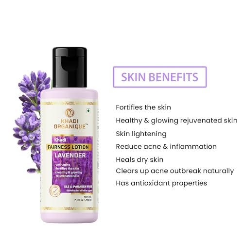 Image of Khadi Organique Lavender Fairness Lotion for Face & Body, Reduces Acne & Inflammation, Enhances Skin Glow, Hydrates & Nourishes with Lavender, Apricot, Blueberry & Cherry, 210ml