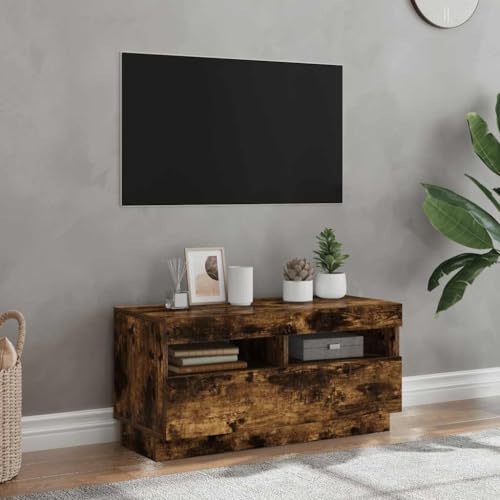 vidaXL TV Cabinet with LED Lights - Smoked Oak Modern Entertainment Unit with Ample Storage - Durable and Moisture- Engineered Wood - RGB Colours Enhancing Viewing Experience