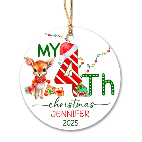 Mazoli Baby's 4th Christmas Reindeer Personalized Ornament, Custom Name Keepsake for 4 Years Old, Brown, MDF with Plastic Coating, Christmas
