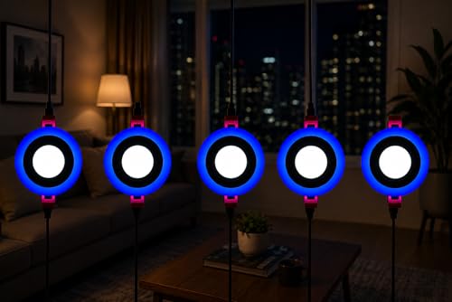 Image of OLIPS 6W (3+3) LED Ceiling Panel Down Light | Dual Color Change by On /Off Switch | Fan Box POP Decorative LED | White Center & Color Ring Design (Blue, 5)