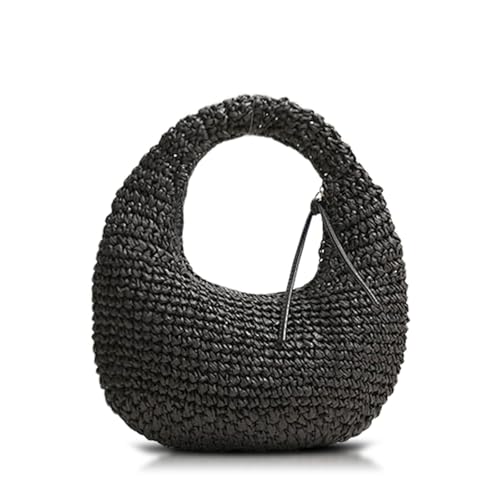 Straw Bag for Women, Orbicular Beach Bag, Cute Handbag, Hand-Woven Bags Suitable for Vacation Travel Daily(Black)