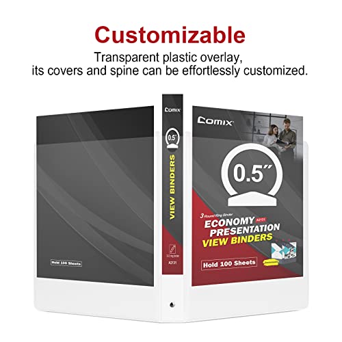 Comix Standard 1/2 Inch Round Ring View Binder, Basic 3 Ring Binder 100-Sheet Capacity, Fit 8.5" X 11" Paper, 12 Pack(White) #TOP2