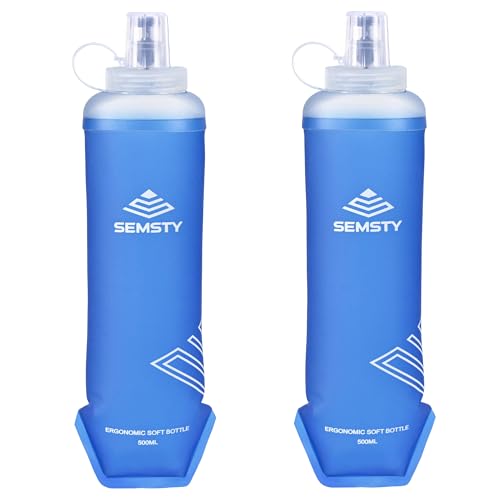 SEMSTY 500ml Soft Flask, 2 Pack TPU Collapsible Soft Water Bottle for Hydration Pack & Running Vest, 17oz Compressible Flask Foldable Water Bottle for Running Hiking Cycling